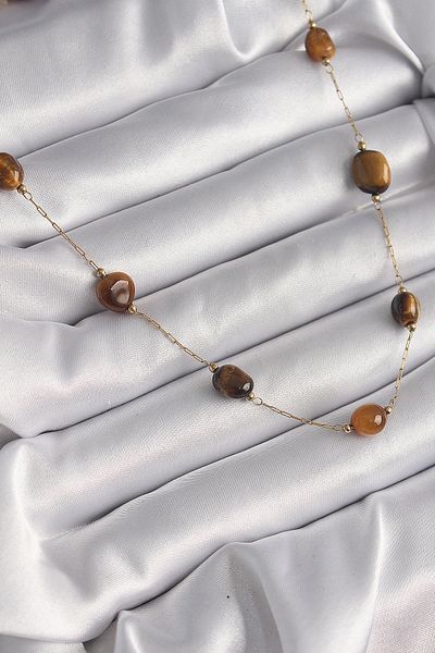 Skygo 316L Steel Gold Color Chain Brown Natural Stone Model Women's Necklace - Tj-Bko9661