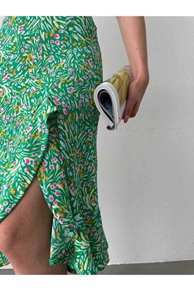 Jeevee Floral Patterned Slit Wrapped Fabric Midi Skirt