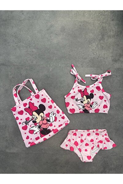 miniko Kız Çocuk ve Bebek Mickey Mouse  Kalp Desenli Hızlı Kuruyan 3 Parça Alt Üst  Mayo Ve Çanta Takımı