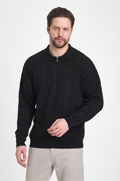 TREND KOMBİN Pulover de tricotaj negru sezonier cu jumătate de fermoar cu gât polo pentru bărbați – Design elegant și confortabil