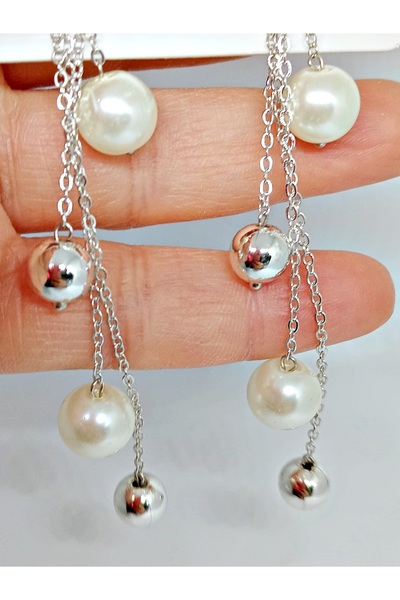 mos&more Gümüş Top İnci Sallantılı Uzun Şık Küpe