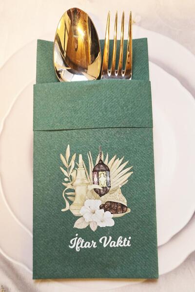 PEKSHOP Kumaş Dokulu Ramazan Peçetesi Cepli Yeşil İftar Vakti Yazılı Peçete Y...