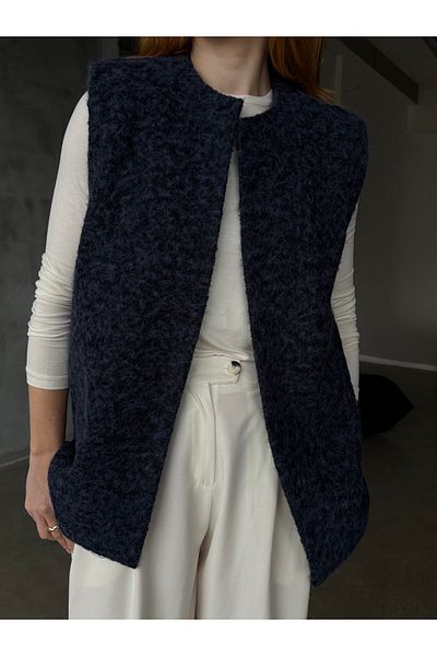 Zey Studio Women's Navy Blue Crew Neck Stamp Vest
