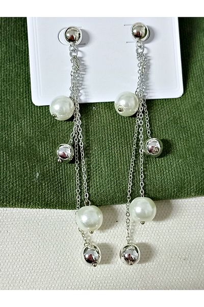 mos&more Silver Ball Pearl Dangle Long Stylish Earrings