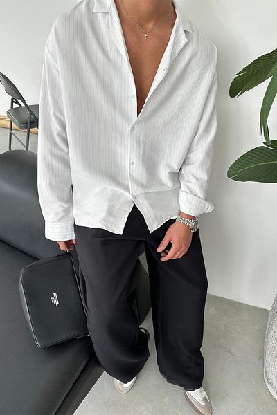 HAFKAGİYİM Λευκό ριγέ Basic Oversize πουκάμισο