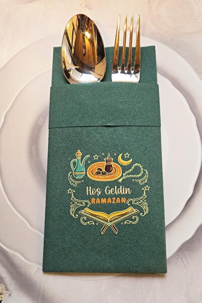 PEKSHOP Kumaş Dokulu Ramazan Peçetesi Cepli Yeşil Hoş Geldin Ramazan Yazılı P...