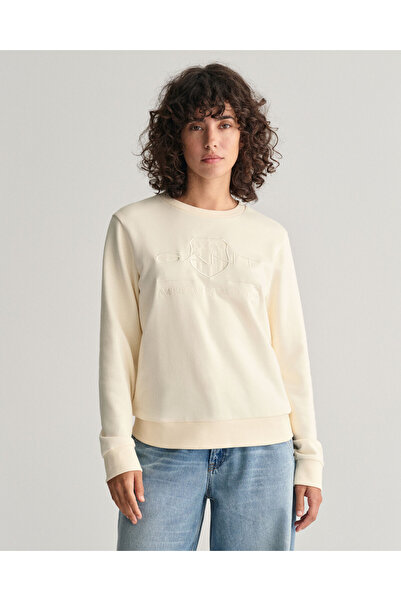 Gant Kadın Bej Regular Fit Bisiklet Yaka Logolu Sweatshirt