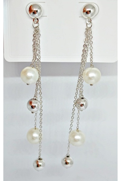 mos&more Gümüş Top İnci Sallantılı Uzun Şık Küpe