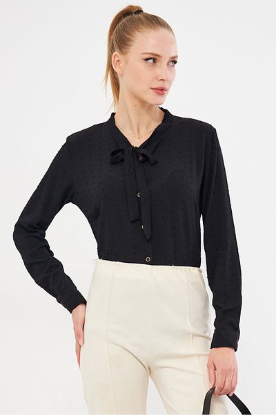 armonika Braț de cămașă cu model cu guler negru pentru femei-20K001150