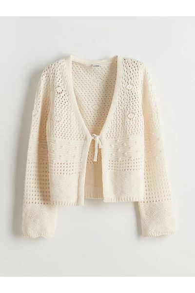 LC Waikiki Lcw Kids Ecru V-Neck Openwork Girl's Knitwear Cardigan