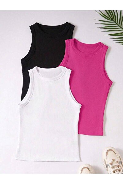 Lorya Giyim Women's 3-Pack Cotton Body-Stick Corded Round Sleeveless Crew Nec...