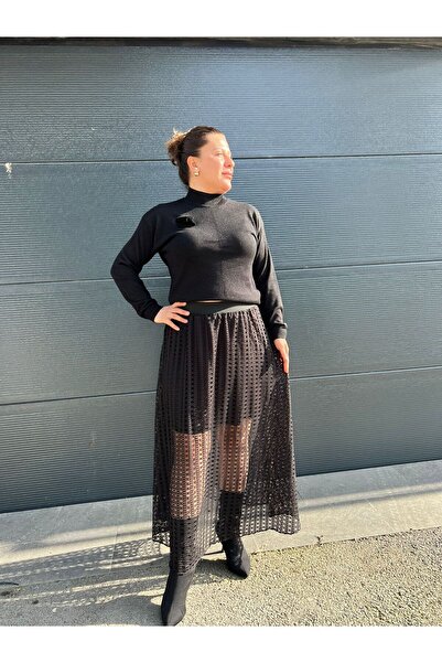 MJORA Siyah Astarlı File Dantel Astarlı Etek