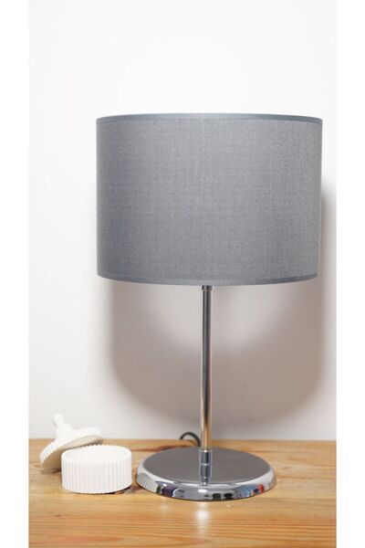 retro home design Gri Kumaş Model Krom Ayaklı Dekoratif Masa Lambası Abajur