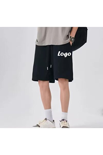 caddekombin شورت برمودا رجالي منقوش بشعار جيب مع حبل أسود بقصة عادية