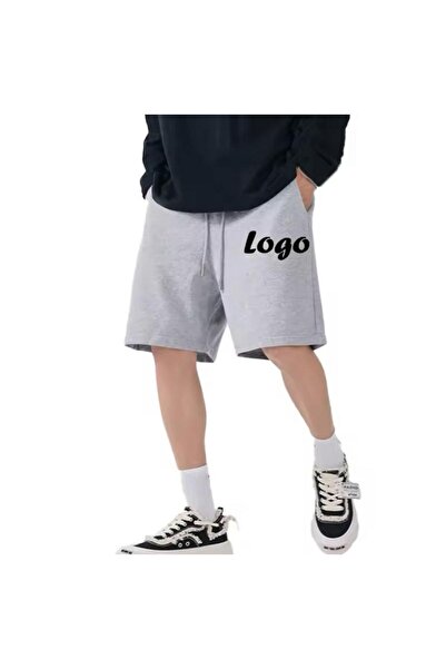 caddekombin شورت برمودا رجالي منقوش بشعار جيب مع حبل مقاس عادي باللون الرمادي