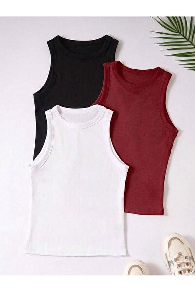 Lorya Giyim Women's 3-Pack Cotton Body-Stick Corded Round Sleeveless Crew Nec...