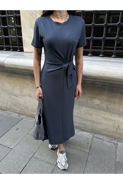 AB LOOKS Γυναικείο κοντομάνικο Oys Premium βαμβακερό ύφασμα με πλαϊνό δέσιμο μακρύ μάξι φόρεμα μέχρι τον αστράγαλο
