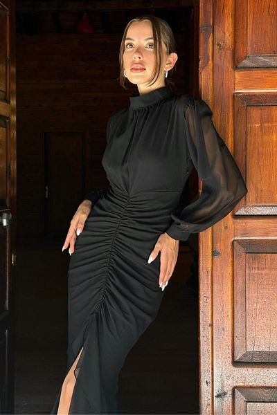 ZISHAN Draped and Drawstring Design Stand Collar Stylish Women's Chiffon Evening Dress 7638
