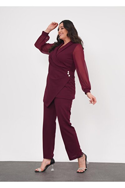 Butik Nilyam Plus Size Stretchy Evening Dress Set - Double Breasted Neckline, Chiffon Sleeve and Waist Button Detail Blouse, Pants 24717