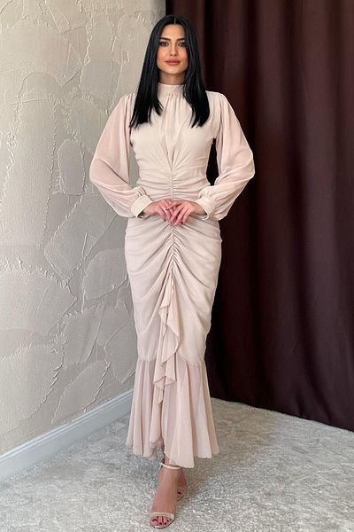 ZISHAN Rochie de seară elegantă din șifon pentru femei, cu design drapat și încâlcit, cu gât în picioare 7638