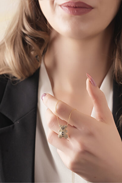 SUNSHINE 925 Ayar Gümüş, Gold Kaplamalı Zirkon Taşlı Sevimli Ayı Kolye