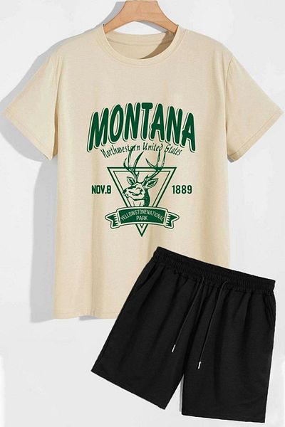 EFFRENATU Hila Fashion Montana Print Plus Size Set of Beige T-Shirt and Black Shorts