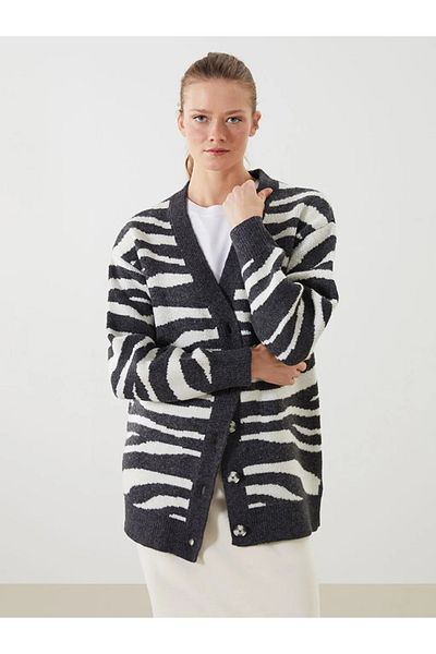 LC Waikiki Lcwaikiki Classic Black V-Neck Zebra Print Women's Knitwear Cardigan
