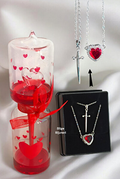 Tilde Romantik Hediye Çift Kolyesi Aşk Ölçer Kalp Kılıç Kolye Set Pamuk Prens...