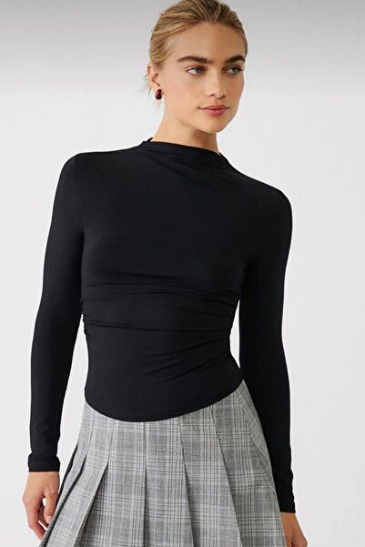 Byelmira بلوزة نسائية بياقة ستاند ياقة ساندي قماش