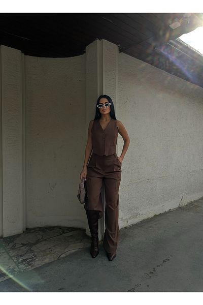 LB Laluna Butik Women's Brown Vest and High Waist Pleated Palazzo Pants Set