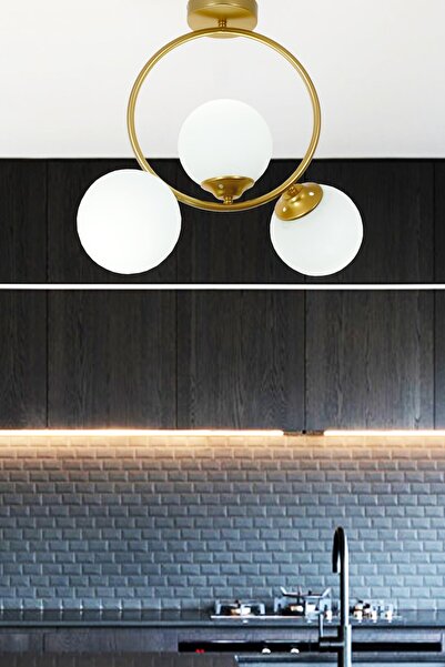 Taşcan Aydınlatma Evren 3 Lü Gold Plafonyer Avize-beyaz Camlı