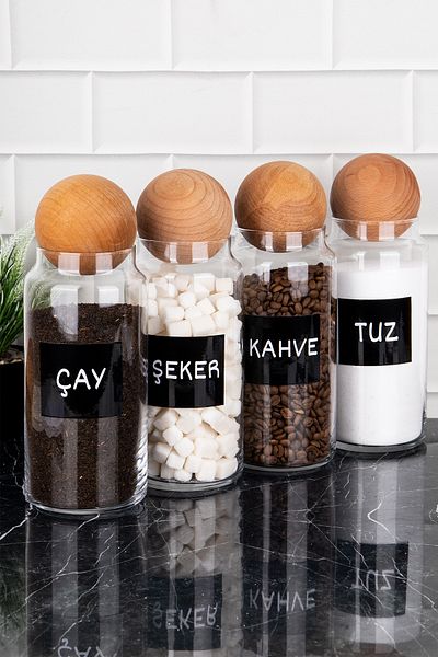 DNS HOME Glass Set of 4 with 1300ml Capacity - Wooden Ball, Sugar Tea and Salt Coffee Storage Sticker Jar Set