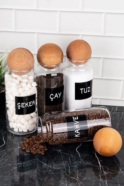 DNS HOME Glass Set of 4 with 1300ml Capacity - Wooden Ball, Sugar Tea and Salt Coffee Storage Sticker Jar Set