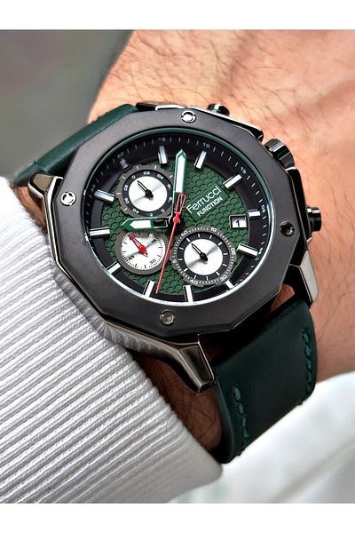 Ferrucci Function Green Color Leather Band Men's Wrist Watch