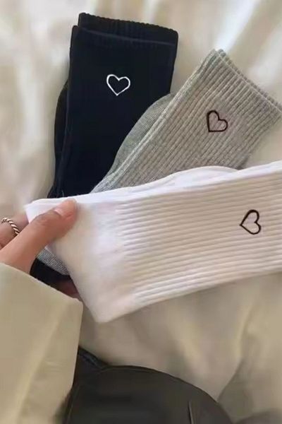 AYDK Heart Embroidered White Black Socket Summer Winter Cute Cotton Socks Set
