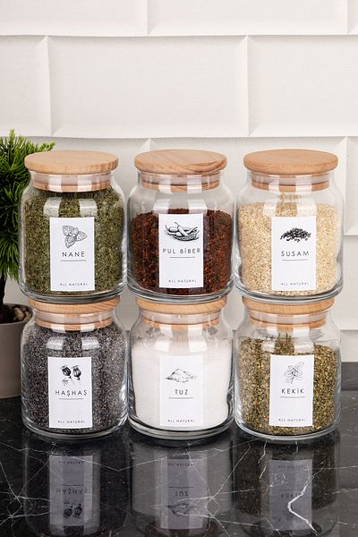 DNS HOME 6-Piece Glass Spice Rack Set Wooden Vacuum Lid Labeled Storage Container Jar Set 300ml