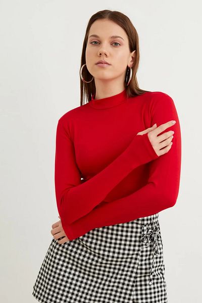 Hür Women's Red Finger Detailed Bodysuit