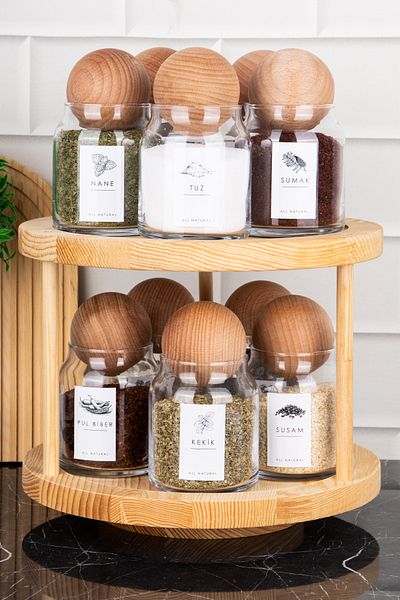 DNS HOME Set of 10 Natural Wood Ball Lids Rotating Stand Labeled Glass Seasoning Dishes Jar Set 300ml