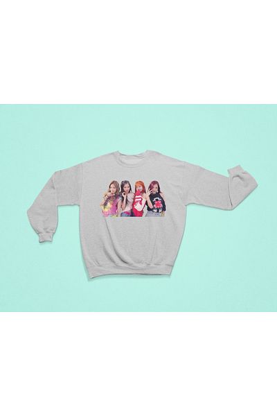 MAGORS Сив суитшърт с принт BabyMonster и BlackPink - кръгло деколте, двоен продукт, единична цена