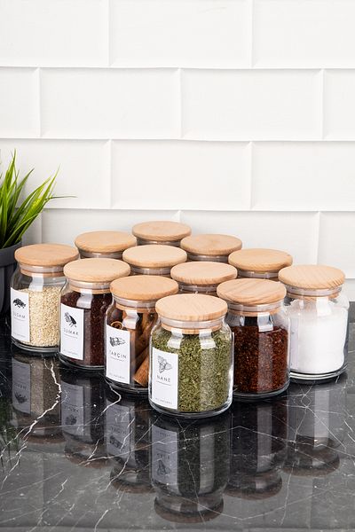 DNS HOME 300 ml Glass Spice Rack Set - Wooden Vacuum Lid Jar Set with Label
