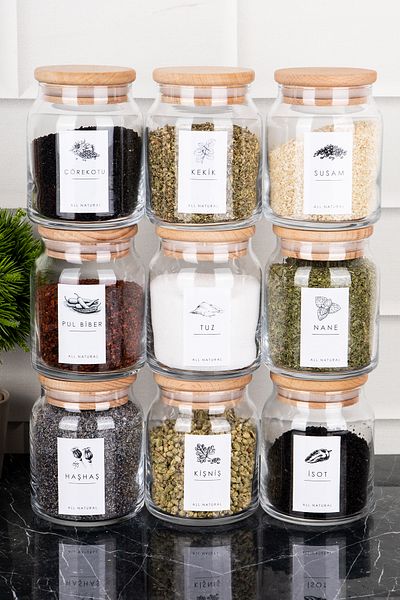 DNS HOME 9-Piece Glass Spice Rack Set - Wooden Vacuum Lid, Label Jar Set, 300ml Storage Container