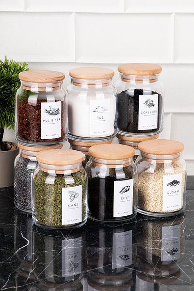 DNS HOME 9-Piece Glass Spice Rack Set - Wooden Vacuum Lid, Label Jar Set, 300ml Storage Container