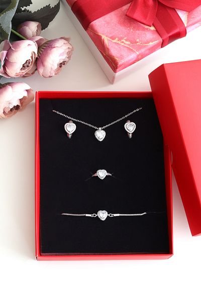 DHARMONYCO Red Boxed Transparent Stone Silver Jewelry Set