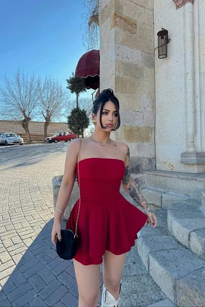 MOZENA Strapless Mini Dress with Skirt Shorts