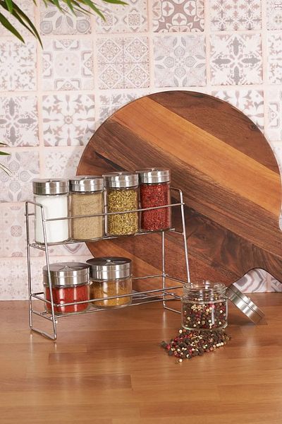 Albergio Silva 8 Piece Glass Seasoning Set with Metal Stand