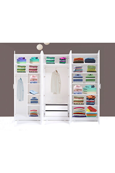 Kenyap Plus 812516 Stella 6 Kapaklı 2 Çekmeceli Gardırop 3 Modüllü- Parlak Beyaz