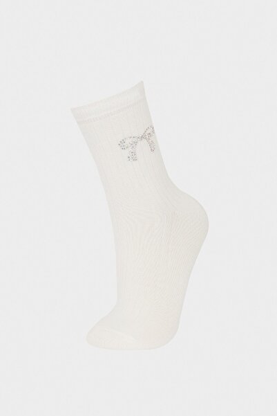 DeFacto جوارب نسائية طويلة بدون خياطة بشريط لامع ومطبوعة من القطن الممشط الفا...