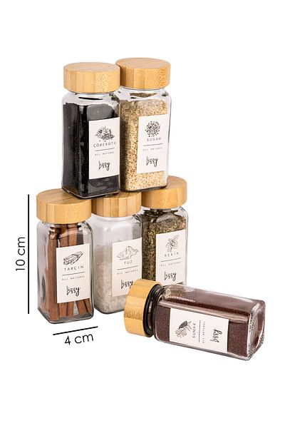 naturelove Square Glass Spice Rack Set with Bamboo Lid 6 Pieces - Label Gift