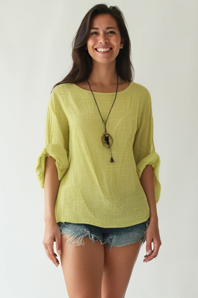 AYASOFYA OTANTIK Bluză oversize casual de damă italiană galben deschis cu acc...