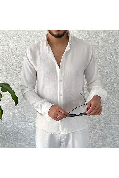 tetramoda Cămașă de in - Design alb Crinkle